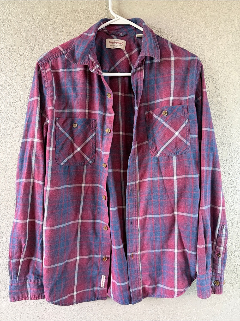 Original Weatherproof Vintage Men's Plaid Button-Down Shirt in Burgundy and Blue